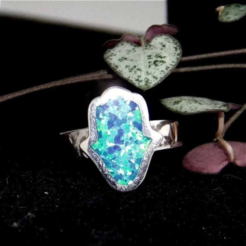 Sterling Silver 925 Hamsa Hand Blue Green Opal Inlay Ring Size 6.75 Spiritual